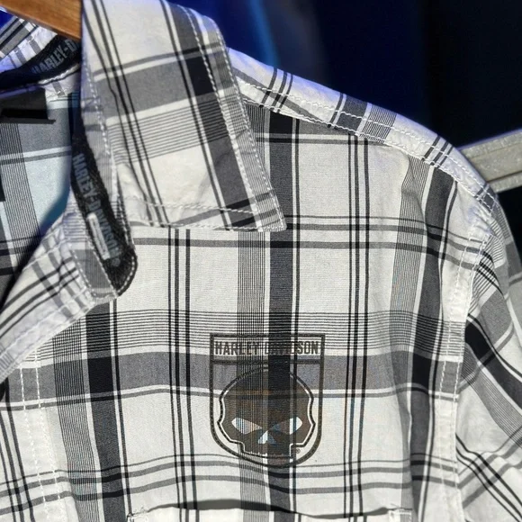 Harley-Davidson Men's Willie G. Skull Shield Plaid Shirt LS, Black/Grey - Picture 4 of 7